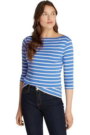 Tommy Hilfiger Damen Langarmshirt New Cody Slim U-Boot-Ausschnitt, Mehrfarbig (Fine Stp Blue Spell/ Ivory Petal), S