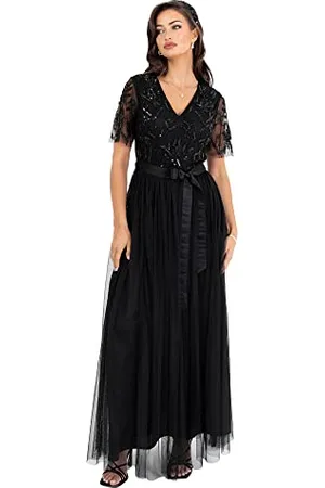Maya Deluxe Damen Womens Maxi Dress Ladies Ball Gown for Wedding Guest Embellished Tie Waist V Neck Bridesmaid Prom Evening Occasion Kleid, Black