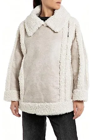 Replay Damen Kunstlederjacke mit Kunstfell Teddyjacke, (Grau), M