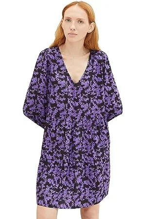 TOM TAILOR Damen 1038152 Kleid mit Volant & V-Ausschnitt, 32417-lilac Black Flower Print, XL
