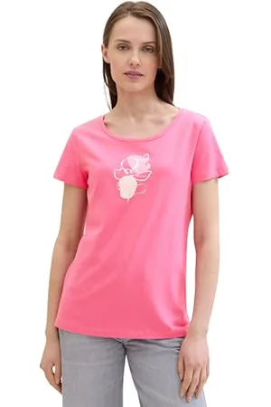 TOM TAILOR Damen Basic T-Shirt mit Blumen Print, carmine pink, S