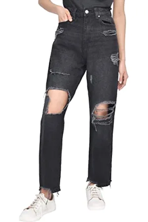 M17 Damen Womens Ladies Denim Torn Hem Rip Mom High Waisted Jeans, , 42