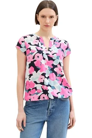 TOM TAILOR Damen Kurzarm-Bluse mit Muster , pink colorful floral design, 32