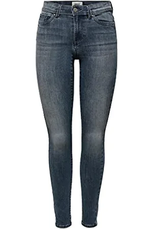 ONLY Damen Skinny Fit Jeans | Normal Waist Denim Stretch Hose | Bleached Used Design ONLWAUW, Farben:Dunkelblau, Größe:M / 32L