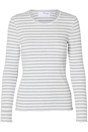 SELECTED Damen SLFANNA LS Crew Neck Tee STR NOOS Langarmshirt, /Stripes:W Snow White Stripes, Large