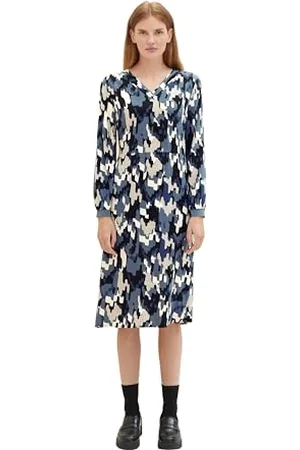 TOM TAILOR Damen Kleid aus Viskose mit V-Ausschnitt, black big texture design, 36