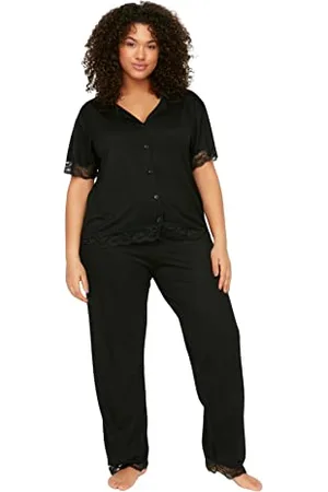 Trendyol Damen Women Polka Dot Knit Shirt-Trousers Plus Size Pajamas Set Pyjama, , 4XL