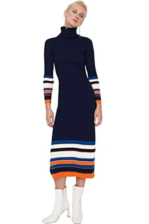 Trendyol Damen Striped Knitwear Dress Kleid, Marineblau, L EU