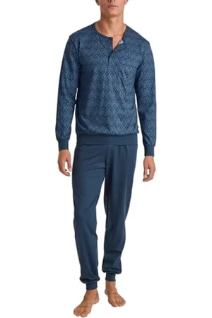 Calida Relax Imprint Bündchen-Pyjama Herren, aus 100% Baumwolle, Hose mit stoffbezogenem Gummibund