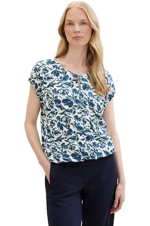 TOM TAILOR Damen Basic Blusen-Shirt mit Allover-Print, blue abstract floral design, XS