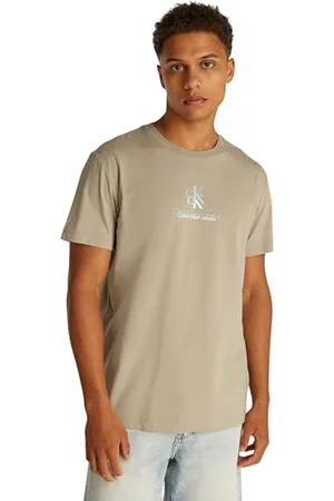 Calvin Klein Herren T-Shirt Kurzarm Shadow Logo Tee Regular Fit, Beige (Aluminum), S