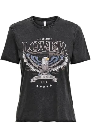 ONLY Damen Bedrucktes T-Shirt Kurzarm Basic Rundhals Top mit Schrift Printed Shortsleeve ONLLUCY