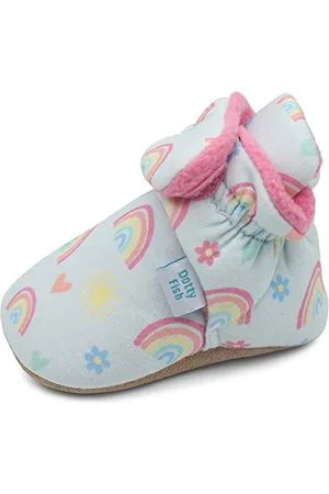 Dotty Fish Baby Stiefel für den Winter - Warme, rutschfeste Krabbelschuhe aus Baumwolle mit Wildeledersohle. Blau mit Regenbögen und Herzen. 12-18 Monate