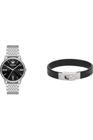 Emporio Armani Herrenuhr Silber Edelstahl und Armband Schwarz Leder, Set