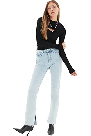 Trendyol Hohe Taille schlanke Flare-Jeans mit blauem RIP, , 38
