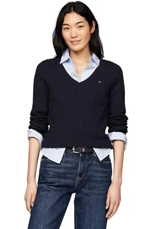 Tommy Hilfiger CO Cable V-NK Sweater Kurzarm Polo Damen, , 3XL