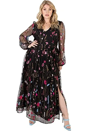 Lovedrobe Damen Ladies Maxi Dress for Women Plus Size Curve Embroidered Flowers Mesh Long Sleeve Bishop V Neckline Slit Split Black Kleid, , 48 EU