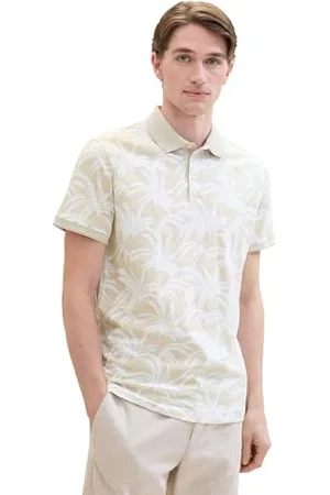 TOM TAILOR Herren Basic Poloshirt mit sommerlichem Allover-Print, beige white leaf design, S