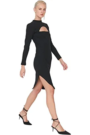 Trendyol Damen Baby Overlock Detailed Bodycone Midi Knitting Dress Kleid, , S