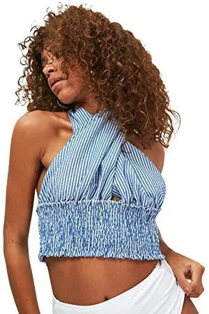 Trendyol Damen Vernetzte Bluse mit Gestreiftem Edelstein Blouse, , 38 EU