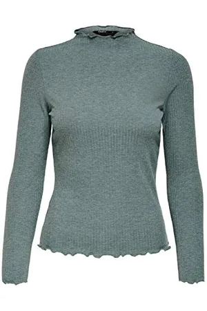 ONLY Damen Dünnes Langarm Shirt | Geripptes Stehkragen Basic Longsleeve ONLEMMA | Gewelltes Oberteil, Farben:Grün, Größe:L