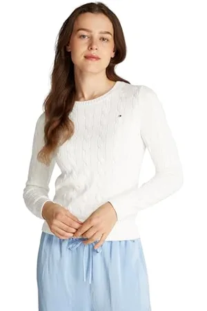 Tommy Hilfiger Damen Pullover Co Cable Rundhalsausschnitt, Weiß (Ecru), M