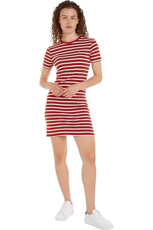 Tommy Hilfiger New Cody STR Slim Short DRS SS Figurbetontes Kleid Damen, Rot (Breton STP/Dark Magma/Ecru), XXL