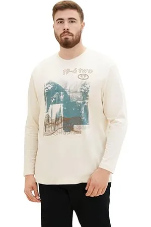 TOM TAILOR Herren Plussize Basic Langarmshirt mit Fotoprint, vintage beige, 3XL