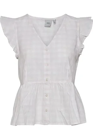 Ichi IHGRY TO5 Damen Bluse Kurzarm mit V-Ausschnitt aus 100% Baumwolle Vichy Karo, Größe:40, Farbe: