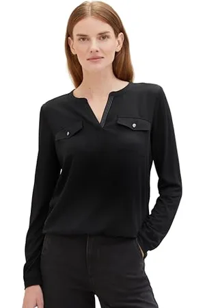 TOM TAILOR Damen Langarm-Bluse mit V-Ausschnitt, deep black, XXS