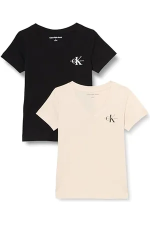Calvin Klein Damen 2er Pack T-Shirts Kurzarm Monologo V-Ausschnitt, Mehrfarbig , S