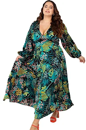 Lovedrobe Damen Sommerkleid Plus Curve V Ausschnitt Bishop Ärmel Midi Länge Fliege Langarm A Linie Abendkleid Tropical Kleid, , 46
