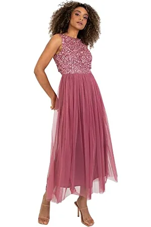 Maya Deluxe Vrouwen Midaxi Jurk Dames Mouwloze Pailletten Hoge Empire Taille Tule Versierd voor Bruiloft Gast Bal Bruidsmeisje, Bessen, 50