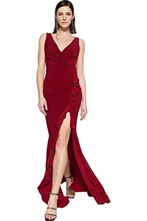 Trendyol Damen Schwungrad Detailliertes Abendkleid Formal Night Out Dress, Bordeaux, 38 EU