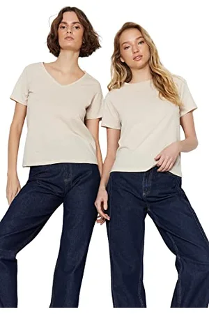 Trendyol Damen Suprem V-ausschnitt und Rundes Kragen 2 Packung Basic Gestricktes T-shirt T-Shirt Western, , L