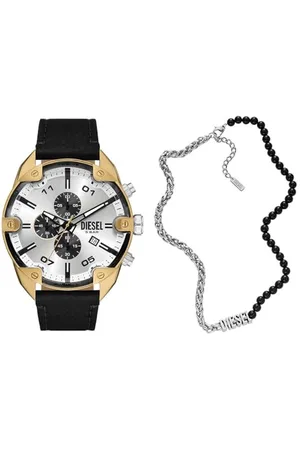 Diesel Herren Spiked Schwarze Lederuhr und Font Halskette aus silberfarbenem Edelstahl, Set