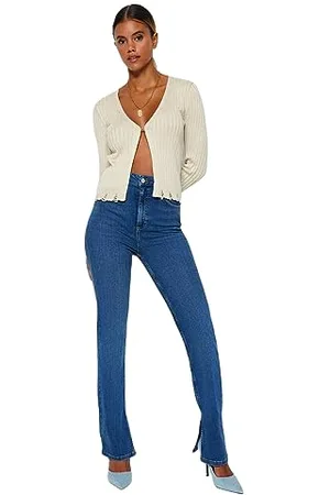 Trendyol Damen Herren Hoher Bund Flared Jeans, Dunkelblau, 42