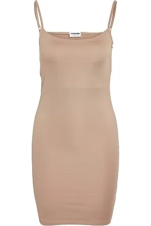 Noisy May Damen Mini Stretch Kleid Enges Slim Fit Dress Ärmellos Rundhals Oberschenkellang NMTERESA, Farben:Natur,Größe Damen:M