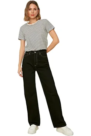 Trendyol Damen Black Contrast Stitch, Detailed, High Waist, 90s Wide Leg Jeans, , 38 EU