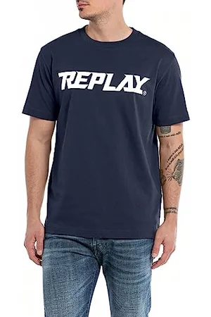 Replay Herren T-Shirt Kurzarm Rundhalsausschnitt mit Logo, (Blau), S
