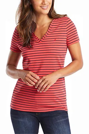 Nautica Damen Easy Comfort V-Neck Striped Supersoft Stretch Cotton T-Shirt, , Groß