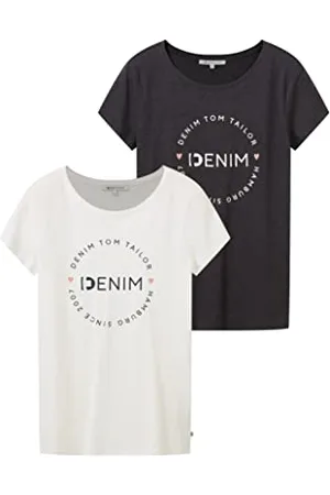 TOM TAILOR Damen Slim Fit T-Shirt mit Logo-Print im Doppelpack