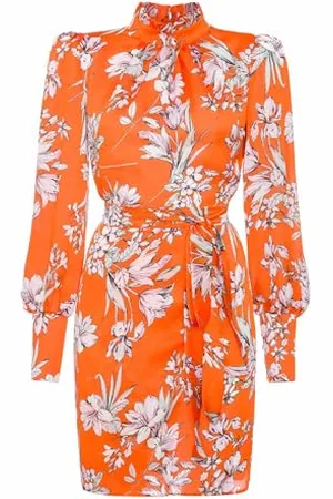Swing Orangefarbenes Langärmeliges Geblümtes Minikleid Sabrina | Größe 40 | Ideal für Partys, Abendessen, Ausgehen mit Freunden