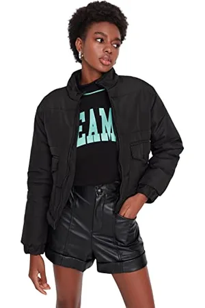 Trendyol Damen Damen Regular Puffer With Slogan Webstoff Winterjacke Coat, , S EU