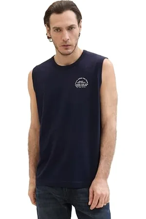 TOM TAILOR Herren Basic Tanktop mit Schriftzug-Print, sky captain blue, S