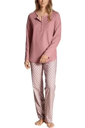 Calida Lovely Nights Pyjama, lang Damen, aus 100% Bio-Baumwolle, mit stoffbezogenem Gummibund