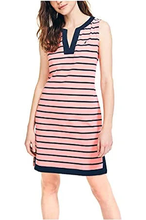 Nautica Damen Breton Stripes Sleeveless V-neck Stretch Cotton Polo Dress Freizeitkleidung, , S EU