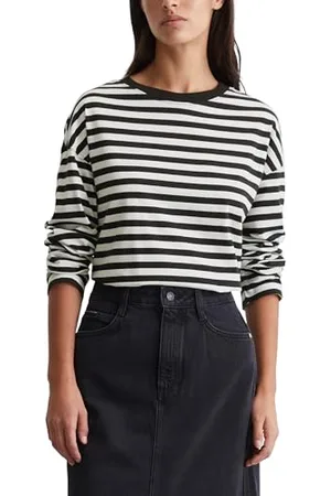Marc O’ Polo Marc OߴPolo Denim Damen Langarmshirt aus Bio-Baumwolle gestreift, Schwarz (Black Multi 01), L
