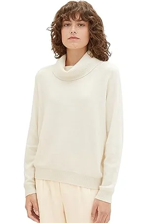 TOM TAILOR Damen Basic Strickpullover mit Rollkragen, soft beige melange, M