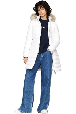 Tommy Hilfiger Damen Daunenmantel Essential Hooded Down Coat mit Kunstpelz, (White), L